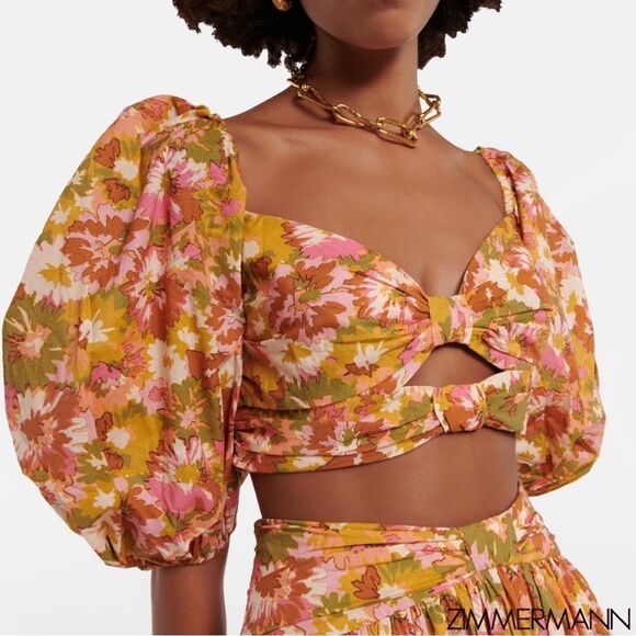 ZIMMERMANN  Violet Twist Front Puff Sleeve Crop Top in Khaki Multi Floral - Picture 1 of 16